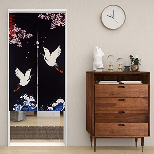 LIGICKY Noren Doorway Curtain Japanese Style Cranes Waves Cherryblossom Printed Cotton Linen Window Treatment Door Tapestry for Home Decoration 33.5" Width x 59" Long, Black - color: Cranes Cherryblossom, size: 33.5"W x 59"L (Pack of 1)