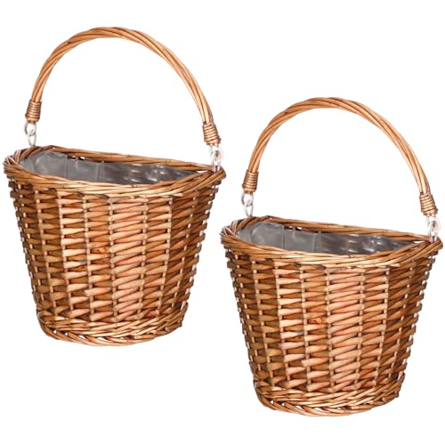 Threehoney 2 Pcs Woven Wicker Hanging Basket Door Hanging Basket Hanging Wicker Wall Basket with Plastic Liner Lower Plants Woven Basket for Home Garden Farmhouse, 5.9"D x 9.84"W x 6.69"H