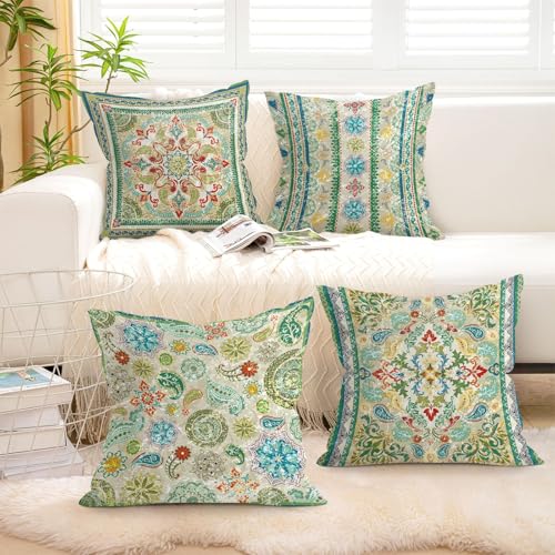 Boho Oriental Mandala Floral Throw Pillow Covers 18x18 Inch Set of 4 Vintage Paisley Geometric Flower Leaves Cushion Covers Home Decor for Couch Cushion Cases - color: Green