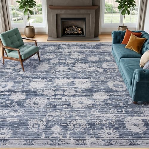 Area Rug 8x10 Blue White, Vintage Floral Washable Rug for Living Room Ultra Soft Non-Slip Rug Printed Distressed Traditional Farmhouse Carpet for Bedroom Dining Room Indoor Office Home - color: Blue & White, size: 8' x 10' (Rectangular)