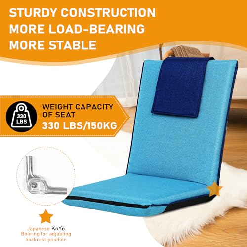 FASTMOMENT Floor Chair with Back Support 14-Position Adjustable Floor Chair Portable Ground Seating for Adults Foldable Meditation Seat with Japanese KOYO Bearings & Washable Linen Cover (Bright Blue) - color: Bright Blue & Dark Blue, style: Regular
