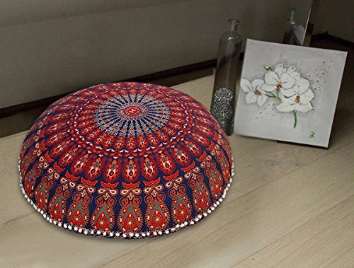 Rastogi Handicrafts 32" COR Mandala Floor Pillow Cushion Seating Throw Cover Bohemian Ottoman Poufs, Pom Pom Pillow Cases,Boho Indian (Green) - color: Green