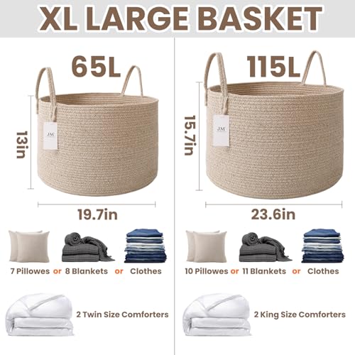 JMvicyroam 65L Extra Large Blanket Basket for Living Room - Woven Cotton Rope Laundry Hamper with Reinforced Handles - Storage Bin for Pillows, Comforters & Toys - Machine Washable,Oatmeal - color: Oatmeal, size: 65L