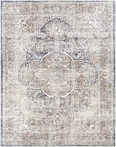 Hauteloom Pegasus Oriental Medallion Living Room Bedroom Area Rug - 0.04" Pile Height - Machine Washable - Vintage Distressed - Traditional Faded - Brown, Navy Blue, Beige - 6'7" x 9' - color: Brown, Charcoal, Light Gray / Mignon, size: 6'7" x 9' (Rectang