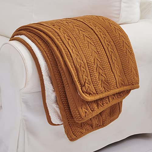 Longhui bedding Burnt Orange 50 x 63 Inches Acrylic Cable Knit Sherpa Throw Blanket - Thick, Soft, Big, Cozy Knitted Fleece Blankets for Couch, Sofa, Bed - Large Coverlet All Season - color: Burnt Orange, size: 50" x 63", Standard