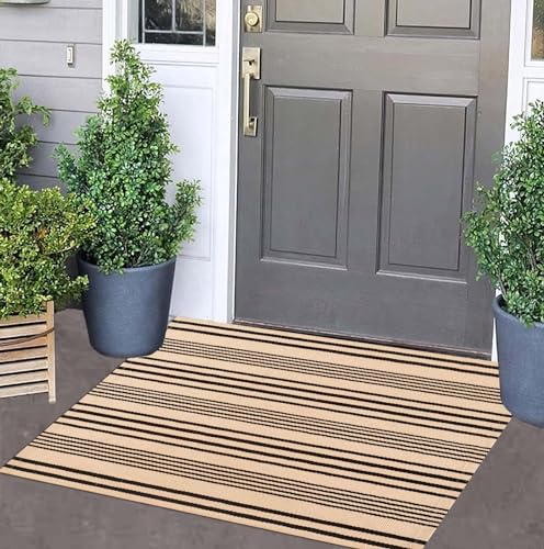 Front Outdoor Door Mat 2'x3',Tan Black Striped Outdoor Rug Machine Washable Cotton Layered Door Mat Entryway Throw Rug for Indoor Entrance - color: Black Khaki, size: 2' x 3' (Rectangular)