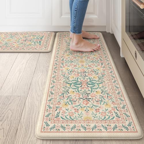 Collive Kitchen Mats for Floor, Cushioned Anti Fatigue Mat Non Skid Waterproof Kitchen Rugs Set of 2, Modern Floral Comfort Standing Rug for Home, Office, Sink, Laundry, 17"x29"+17"x47", Pink - color: Pink, size: 17.3"x47"+17.3"x29"