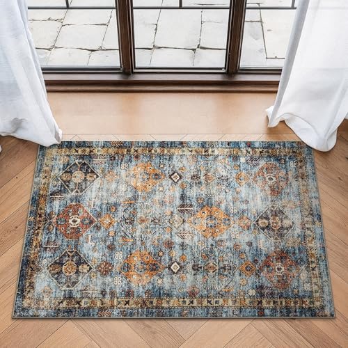 Bloom Rugs Washable Non-Slip 2' x 3' Rug - Blue/Orange Traditional Bordered Area Rug for Living Room, Bedroom, Dining Room, and Kitchen - Exact Size: 2' x 3' - color: Blue / Orange, size: 2' x 3' (Rectangular)