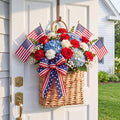 Patriotic Woven Hanging Basket Decor 4th of July Front Door Basket with American Stick Flag Star Stripe Ribbon Hanging Flower Arrangement for Independence Day Farmhouse Garden(Flower Not Included)