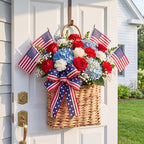Patriotic Woven Hanging Basket Decor 4th of July Front Door Basket with American Stick Flag Star Stripe Ribbon Hanging Flower Arrangement for Independence Day Farmhouse Garden(Flower Not Included)