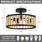 Luupyia Wood Bead Ceiling Light 3Lights, 12.79Inches Vintage Boho Ceiling Light Fixture Small Chandeliers Semi Flush Mount Mid Century Retro Overhead Lighting for Bedroom Foyer Hallway, E26