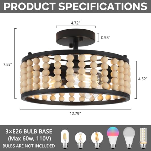 Luupyia Wood Bead Ceiling Light 3Lights, 12.79Inches Vintage Boho Ceiling Light Fixture Small Chandeliers Semi Flush Mount Mid Century Retro Overhead Lighting for Bedroom Foyer Hallway, E26