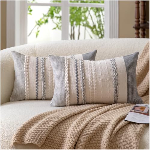 Cethom Boho Throw Pillow Covers 12x20 Inch Set of 2, Grey Textured Decorative Couch Pillow Cases for Farmhouse Home Decor, Accent Cushion Cover for Sofa, Bed, Living Room, Bedroom - color: Grey, size: 20" x 12" (Pack of 2)