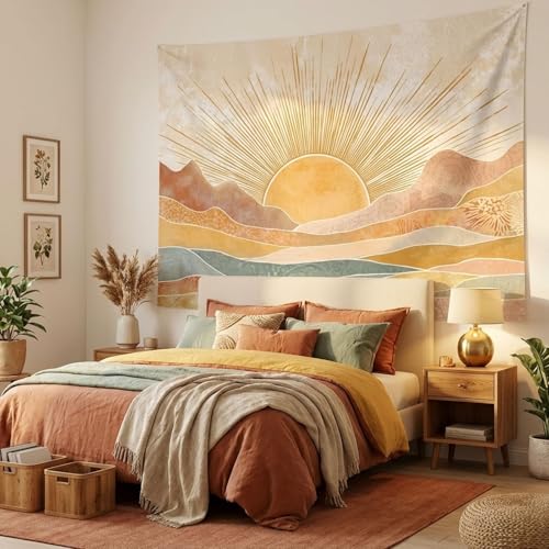 Lifeel Boho Sun Mountain Tapestry, Vintage Minimalist Sunset Geometric Bohemian Abstract Art Tapestries for Bedroom Living Room, 36x48 inches - color: Yellow, size: 48"L x 36"W