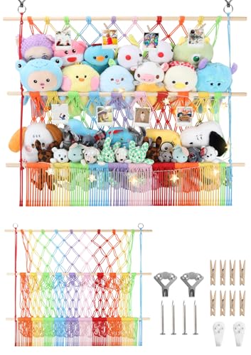 2 Tier Stuffed Animal Storage Shelf Net, 35x30'' Large Plushie Net w/ 2.4/1'' Dense Mesh for Mini Medium Stuffy Teddy, Rainbow Boho Macrame Toy Holder Display w/ Lights&Clips for Nursery Kid Girl Boy - color: Rainbow, size: Large-2 Tier-35x30 Inch