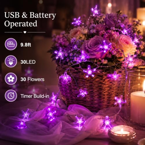 Battery/USB Operated 9.8ft 30LED Purple Cherry Blossom Flower String Lights | Cute Fairy Lights For Bedroom, Valentine'S Day, Christmas, Easter, Wedding, Party, Birthday Indoor Outdoor Romantic Decor - color: 10ft Purple Flower Lights