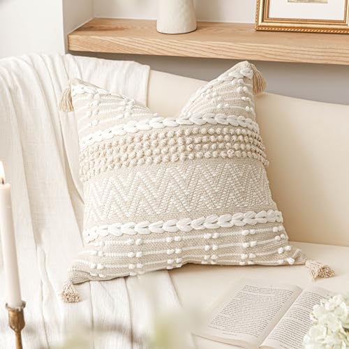 BlissBlush Boho Throw Pillow Cover 20X20, Decorative Accent Pillow for Couch, Square Woven Textured Pillowcase, Modern Boho Pillow for Bed, Bohemian Pillow Cover, Cream White Neutral (Pack of 1) - color: Cream White, size: 20" x 20" (Pack of 1)