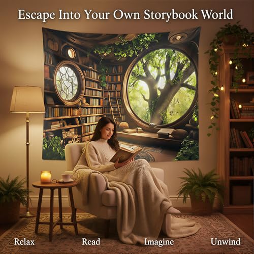 RichIdeas 80x60 Inches Tree Bookshelf Tapestry Window Tapestries Treehouse Tapestries Reading Blanket Decor for Windowless Office Room Bedroom Living Room Home Decor RITADJ1319 - color: Yellow-1, size: 80"L x 60"W
