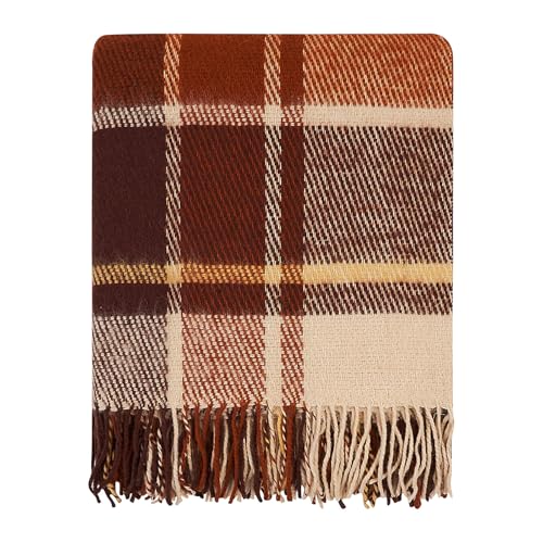 New Zealand Virgin Wool Throw Blanket, Indoor and Outdoor Blankets and Throws, Comfortable Soft Blanket with Fringes and Tartan Pattern, 67 x 79 in, Queen Size, Brown and Beige - color: Beige and Brown