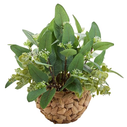 12" Artificial Eucalyptus Potted Plant with White Berry Accents in Handwoven Grass Basket Small Tabletop Faux Plant for Home Office Shelf Decor - color: Eucalyptus
