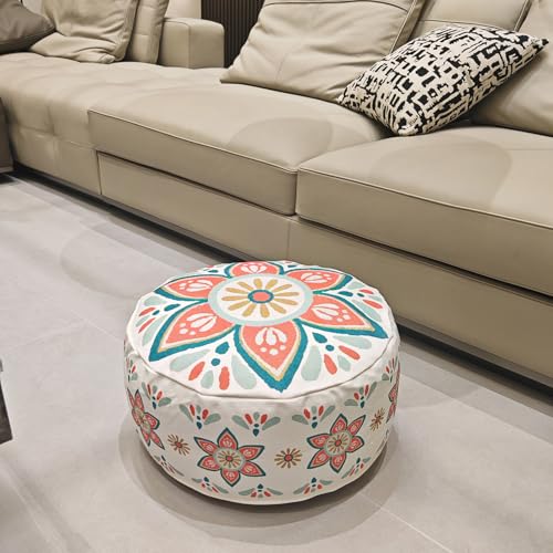 MOCOFO Round Bohemian Ottoman Pouf Cover, 18 Inch, Cotton Blend, Church Window Print, Living Room Storage Footrest, Cover Only (Blue Night) - color: Blue Night