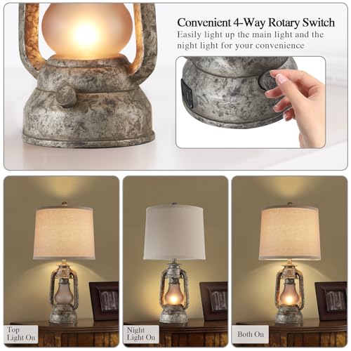 Farmhouse Rustic Table Lamps Set of 2, Iron Gray | Vintage Lantern Design, Dual USB Ports, For Living Room Bedroom Bedside, 4 Bulbs Included - color: Iron Gray - 22'' Lantern Lamps