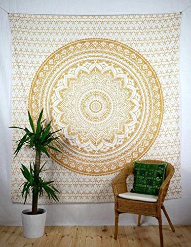 ANJANIYA Ombre Wall Hanging Bohemian Tapestry, Metallic Wall Art Bedspread, Psychedelic Hippie Mandala Dorm Décor for Hanging, Bedding, Beach Coverlet Curtain, Gold, 54"X60" - color: Gold, size: 60"L x 54"W