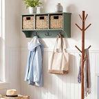 SAFAVIEH Home Collection - Finley Dusty Green Wall Mounted 3-Basket Storage Rack with Hooks & Seagrass Baskets (HAC5700G) - color: Dusty Green