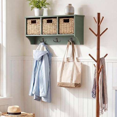 SAFAVIEH Home Collection - Finley Dusty Green Wall Mounted 3-Basket Storage Rack with Hooks & Seagrass Baskets (HAC5700G) - color: Dusty Green