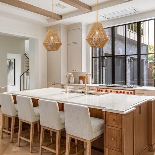 LynPon 12“ Boho Rattan Pendant Light with Rod Hanging, Natural Handwoven Boho Hanging Lamp, Rustic Farmhouse Rattan Chandelier for Dining Room Kitchen Island Bedroom Hallway Foyer Bathroom - color: 12" Wood Tone