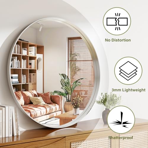 36 Inch Round Bathroom Mirror - Wall Mounted Circle Mirror with Metal Frame, Modern Mirror Suitable for Bathroom, Vanity, Entryway, Living Room, Wall Decor,Silver - color: Silver, size: 36"L x 36"W