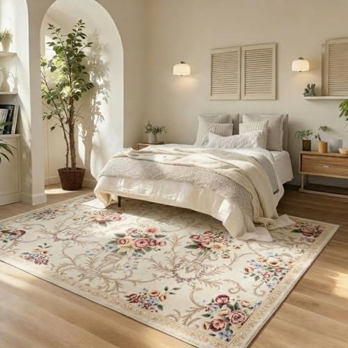 Helthep Washable Vintage Floral Area Rug 8x10, Ultra Soft Faux Wool Low Pile Rug, Non-Slip Backing,Soft Farmhouse Boho Cream Rug for Bedroom Dining Room Home Office, Pet & Kid Friendly - color: White, size: 8' x 10' (Rectangular)