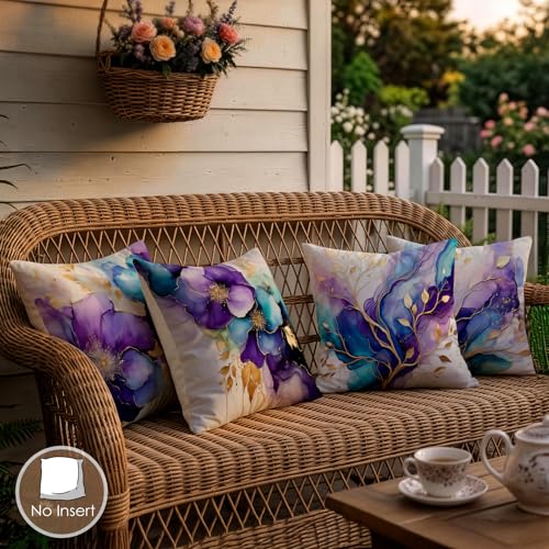 OBSEDE Decorative Throw Pillow Covers Set of 4, 18x18 Inch Purple and Blue Abstract Floral Watercolor Pillow Cases with Gold Accents for Couch Sofa Bedroom, Modern Artistic Home Decor - color: Gilded Ink Bloom, size: 18" x 18" (Pack of 4)