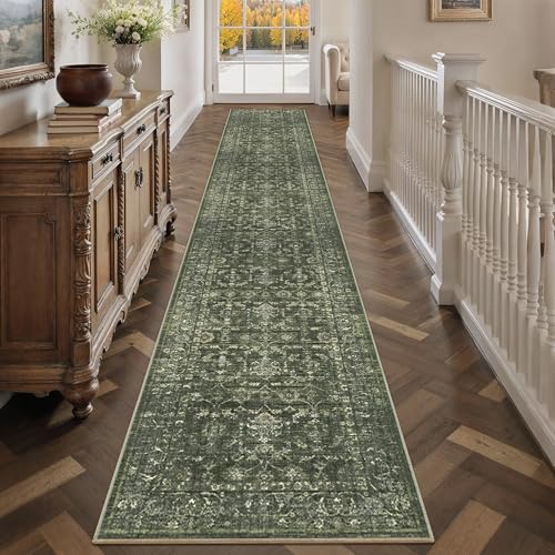 2x12 Green Runner Rug Hallway Washable Area Rugs Kitchen Vintage Boho Non Slip Long Rug Floral Carpet Indoor Retro Soft Low Pile Throw Rug for Bedroom Bathroom Laundry Dining Living Room Office - color: Dark Green, size: 2' x 12' (Runner)