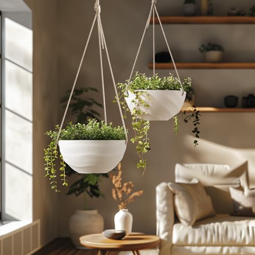 La Jolie Maison 10 Inch Hanging Planters for Indoor Plants, Outdoor Garden Planter Pots with Self-Watering Tray, Eggshell White, Set of 2 - color: Eggshell White