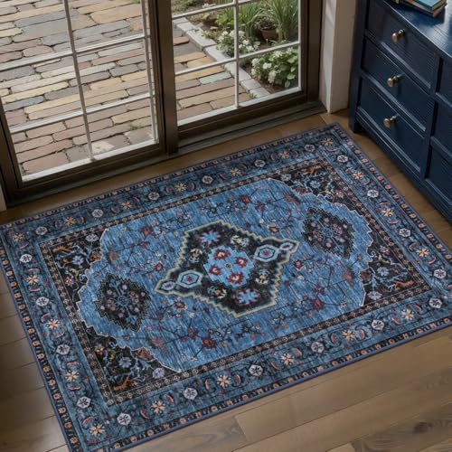 Tangsoo Blue 2x3 Washable Rugs for Entryway Oriental Non Slip Small Area Rug, Vintage Indoor Front Door Rug, Print Door Mat Indoor Entrance Soft Low Pile Throw Rug for Entry Kitchen Bedroom Blue/Black - color: Blue/Black, size: 2' X 3' (Rectangular)