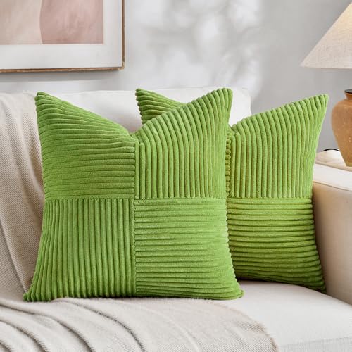 Fancy Homi Set of 2 Lime Green Samll Decorative Throw Pillow Covers 12x12 Inch with for Couch Bed Sofa Living Room, Soft Cross Patchwork Striped Corduroy Modern Square Cushion Case 30 cm - color: Lime Green, size: 12" x 12" (Pack of 2)