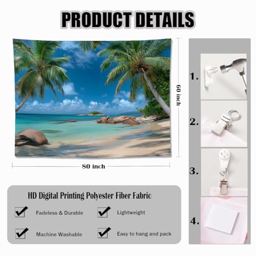 keowhsf Beach Summer Ocean Tapestry – Tropical Palm Trees Wall Hanging Decor with Blue Sky and Seaside Scenery, Nature Landscape Tapestry for Bedroom Living Room Dorm - color: SummerBeach, size: 80"L x 60"W
