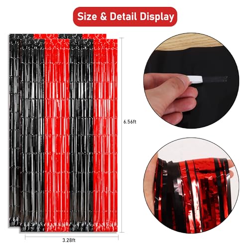 TONIFUL 2Pcs Black and Red Fringe Backdrop Curtain 2026 Graduation Party Metallic Tinsel Foil Fringe Photo Booth Backdrop Door Streamers for Birthday Bachelorette Halloween New Year Party Decorations - color: Black Red
