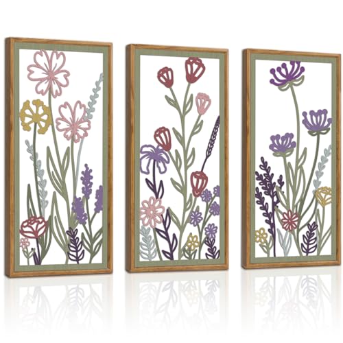 KAIRNE Neutral Floral Wooden Wall Art Set of 3,Framed Vintage Botanical Flower Decor,Minimalist Wildflower Wood Hanging Decor,Modern Farmhouse Decoration for Living Room Bedroom Office Kitchen,8X16 inch - color: Flower Wooden Wall Art, size: 8"L x 16"W