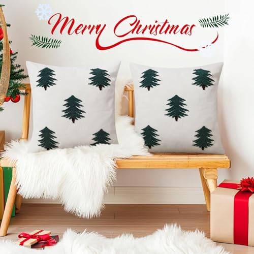 Merrycolor Christmas Pillow Covers18×18Inch Cotton Canvas Tufted Throw Pillows with Embroidered Green Pine Tree White Winter Cushion Cases Suitable for Beds,Sofas,and Living Rooms Holiday Home Decor - color: Green Christmas Tree