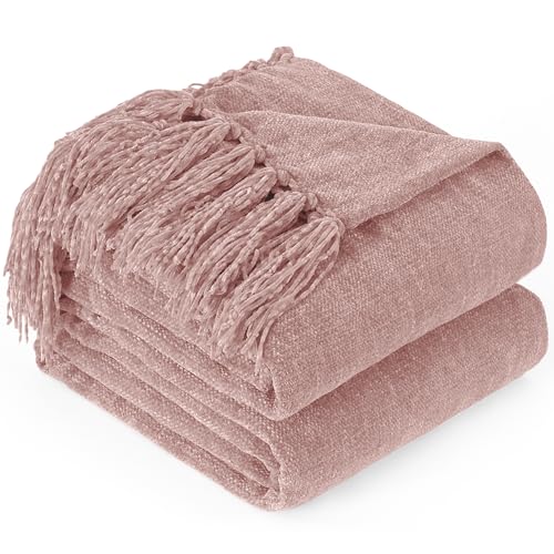 Chenille Throw Blanket for Couch with Tassels,50"X60" Soft Cozy Lightweight Knitted Boho Decorative Blankets for Bed and Sofa,Pink - color: Pink, size: 50"x60"