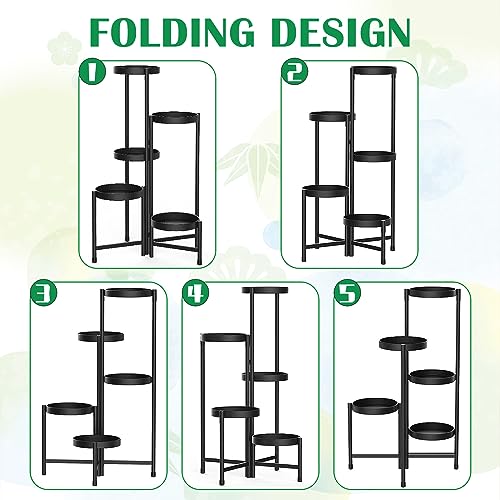 5 Tier Metal Plant Stand for Indoor Outdoor, Black | Foldable, Toolless Assembly, Flexibly Adjustable, Waterproof, Antislip