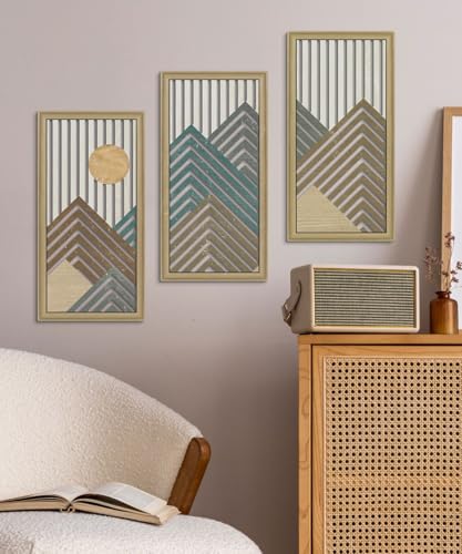 Putuo Decor Mountain Line Wall Art Set of 3, Modern Abstract Nature-Inspired Cut-Out Panels, MDF Wall Decor with Chevron Stripes and Sun Design for Living Room Bedroom Office - color: Primrose