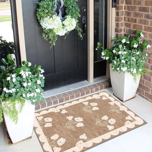 Front Door Mat Outside Entrance - 2x3 Floral Non-Slip Washable Doormat Indoor Outdoor Mat Tan Neutral Farmhouse Scalloped Entry Rug Small Throw Rugs for Entryway Kitchen Front Porch Decor - color: Flower - Brown, size: 2' x 3' (Rectangular)
