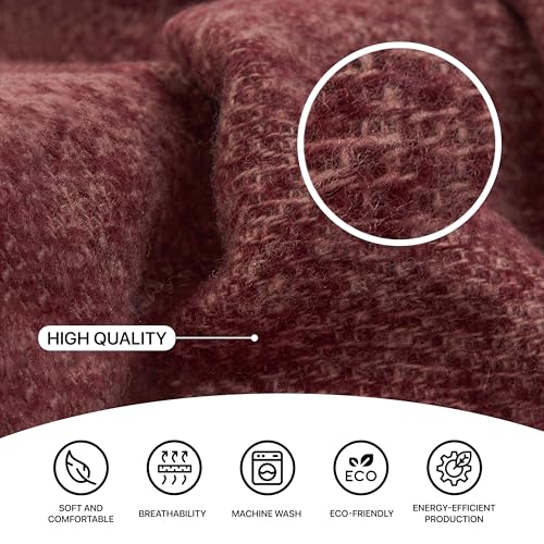 Merino Wool Throw Blanket, Indoor & Outdoor Blankets and Throws, Soft Blanket with Fringes, 65"x79" (170 x 200 cm) - color: Burgundy, size: Queen (U.K. Standard)