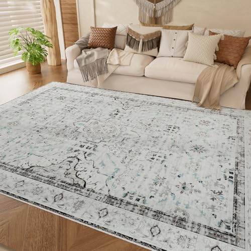 AMTOVO Area Rugs 5'x7' Washable Non-Slip, Vintage Boho Distressed Print Pattern Rugs for Living Room, Soft Low Pile Carpet for Bedroom Indoor Playroom Nursery Farmhouse Dining Room, Light Grey - color: Light Grey, size: 5' x 7' (Rectangular)