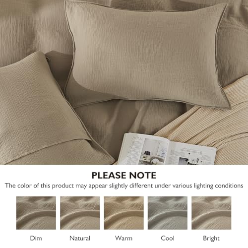 EMME Muslin Cotton Duvet Cover Set Khaki Queen Size Linen Like Soft Breathable Lightweight Summer Comforter Cover Set with Zipper Closure (Khaki, Queen, 90"x90") - color: 09 - Khaki, size: Queen(90"×90")