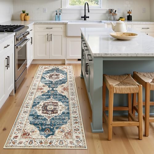 HOMORE Vintage Runner Rug-2x6 Hallway Runner Rugs for Kitchen Entryway Non Slip Washable Bedroom Rug Faux Wool Floor Carpet Runners for Indoor Front Entrance Laundry, Blue/Brown - color: Blue/Brown, size: 2' x 6' (Rectangular)