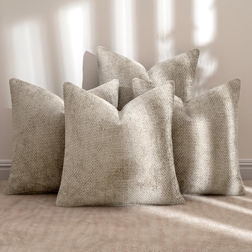 MIULEE Pack of 4 Couch Throw Pillow Covers 18x18 Inch Khaki Soft Decorative Chenille Pillow Covers Farmhouse Accent Cushion Covers for Boho Home Decor Sofa Bedroom Living Room - color: Khaki, size: 18" x 18" (Pack of 4)